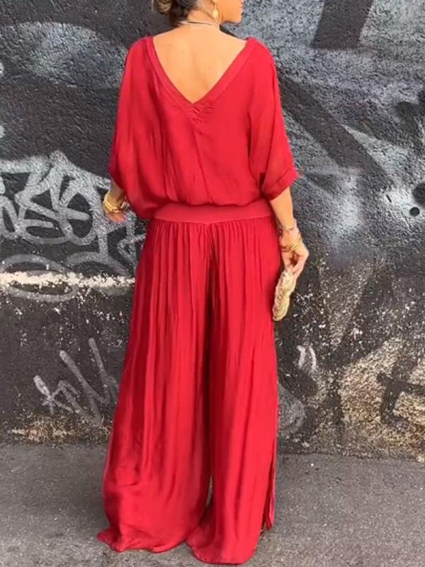Celeste | Women's V-Neck Jumpsuit with Batwing Sleeves and Wide Legs