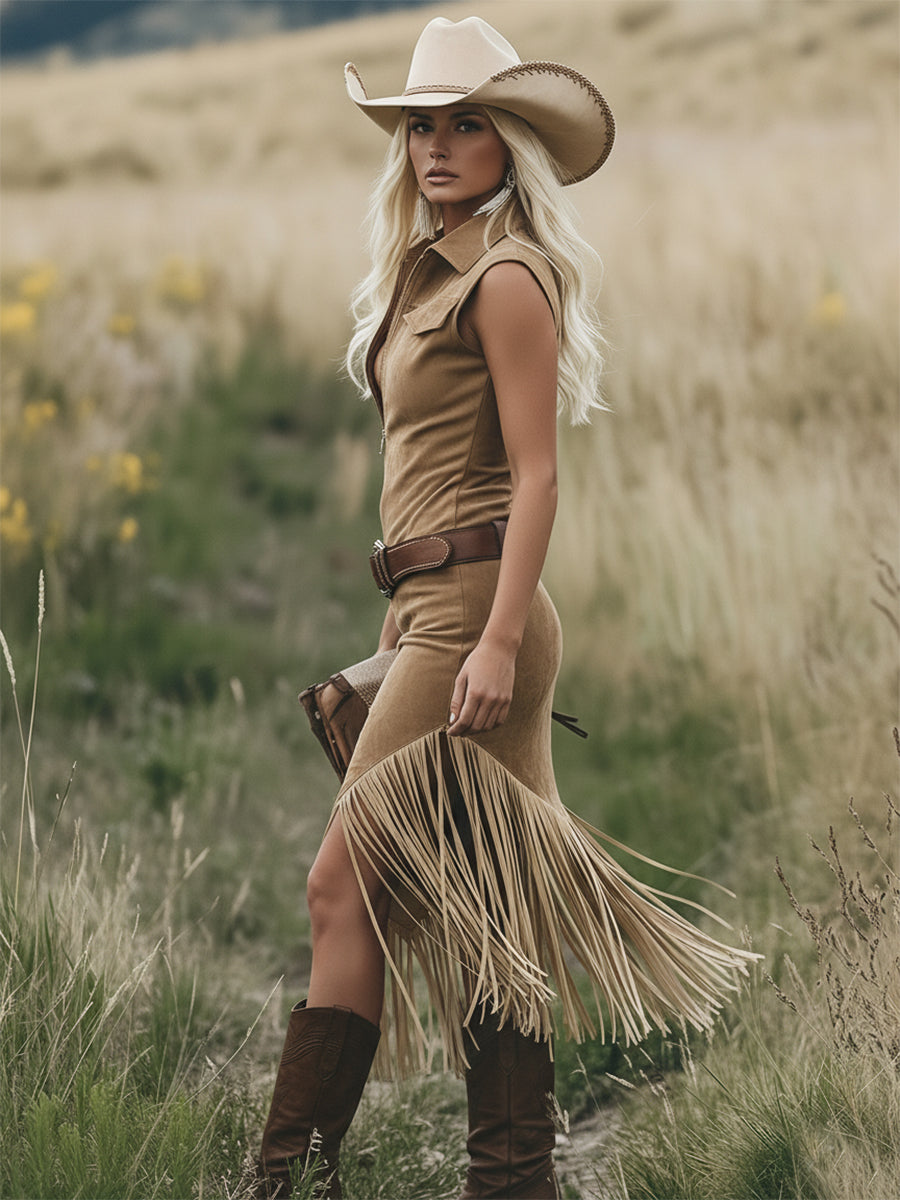 Fiona | Retro Western-style Light Brown Sleeveless Midi Dress