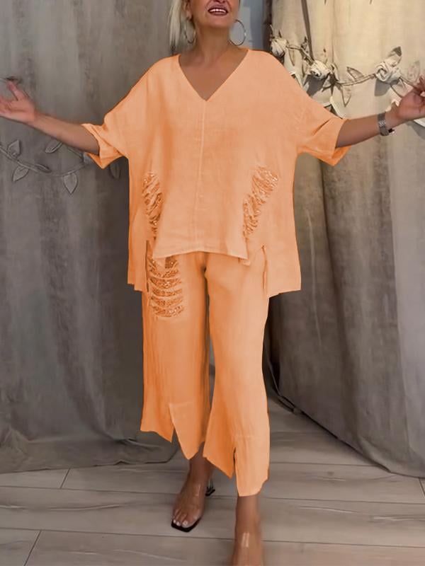 Avery | Women's Casual 2-Piece Set with V-Neck Top and Cropped Trousers