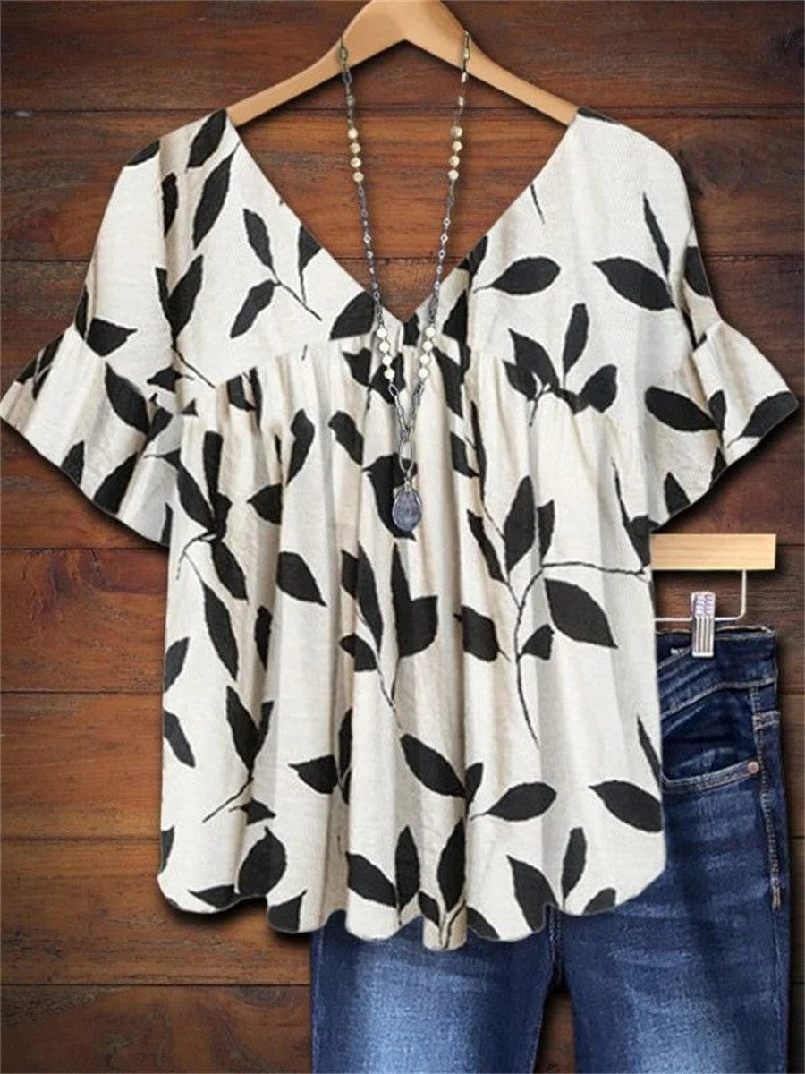Briar | V-Neck Blouse with Leaf Print and Ruffle Sleeves