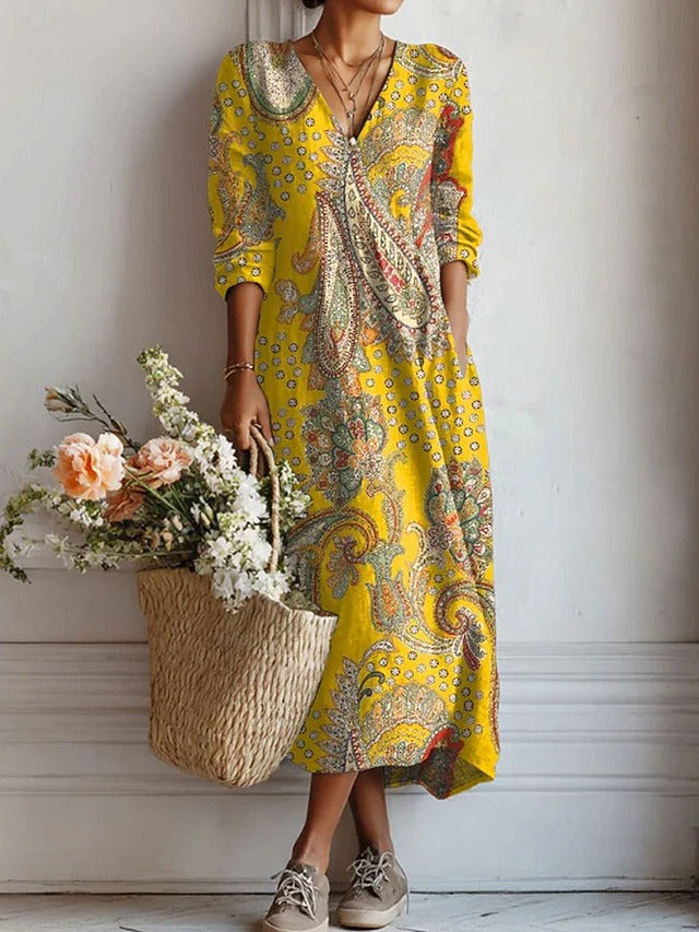 Celine | Women's Floral V-Neck Long Sleeve Midi Dress