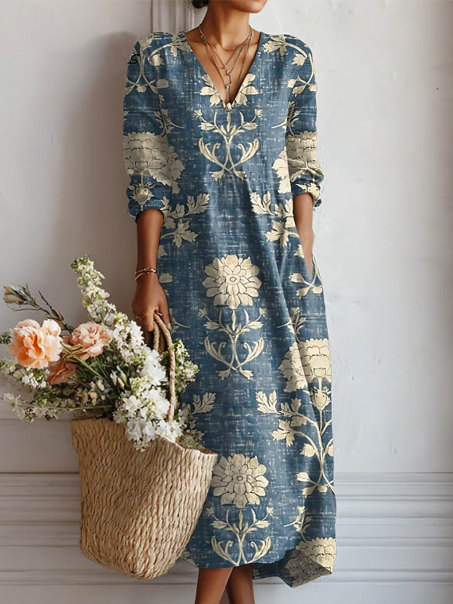 Celine | Women's Floral V-Neck Long Sleeve Midi Dress