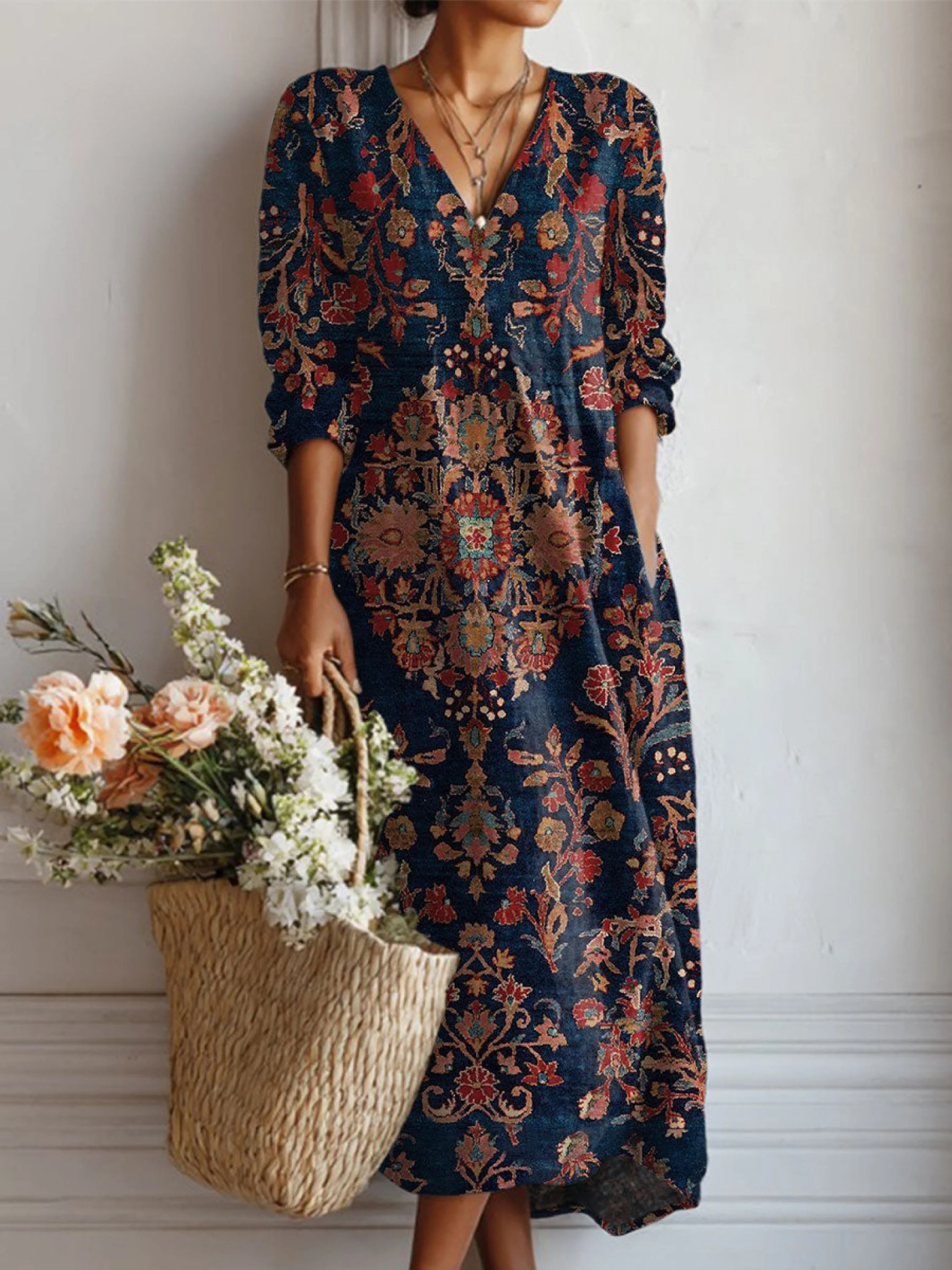 Celine | Women's Floral V-Neck Long Sleeve Midi Dress