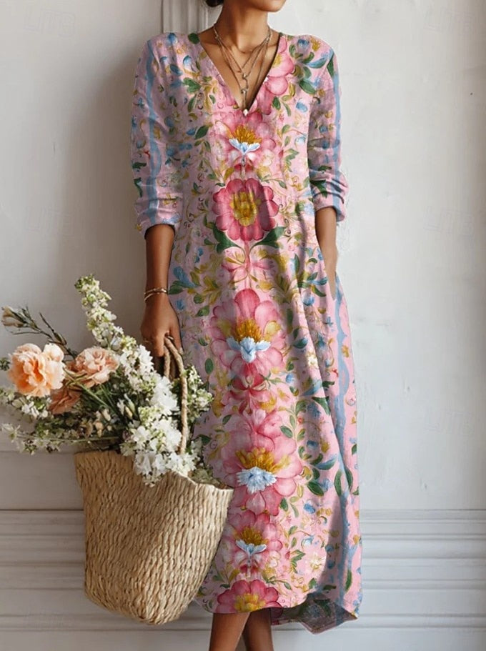 Celine | Women's Floral V-Neck Long Sleeve Midi Dress