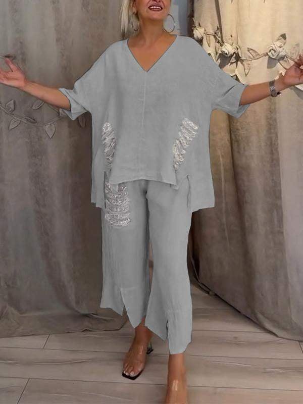 Avery | Women's Casual 2-Piece Set with V-Neck Top and Cropped Trousers