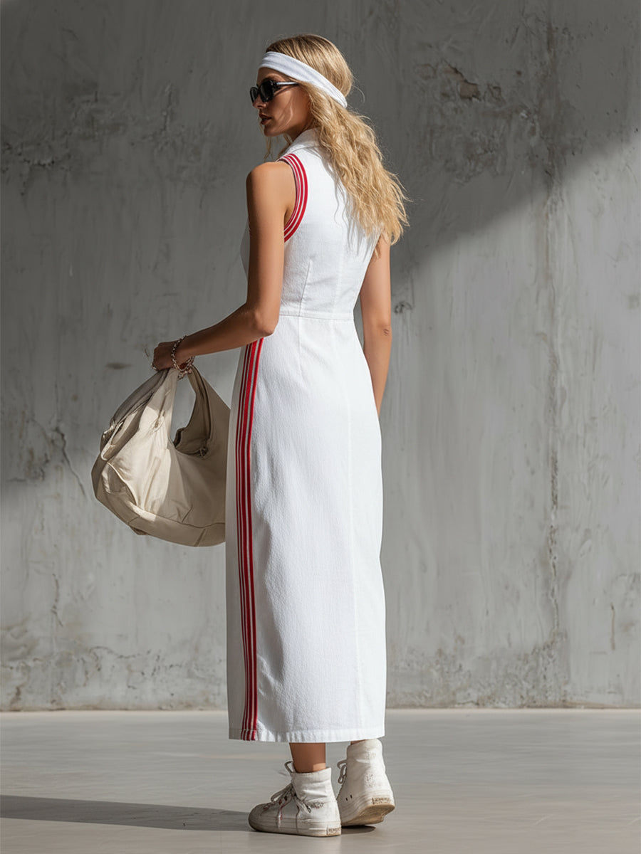 Chloe | Stylish Sporty Striped-trim White Cotton Collared Sleeveless Maxi Dress