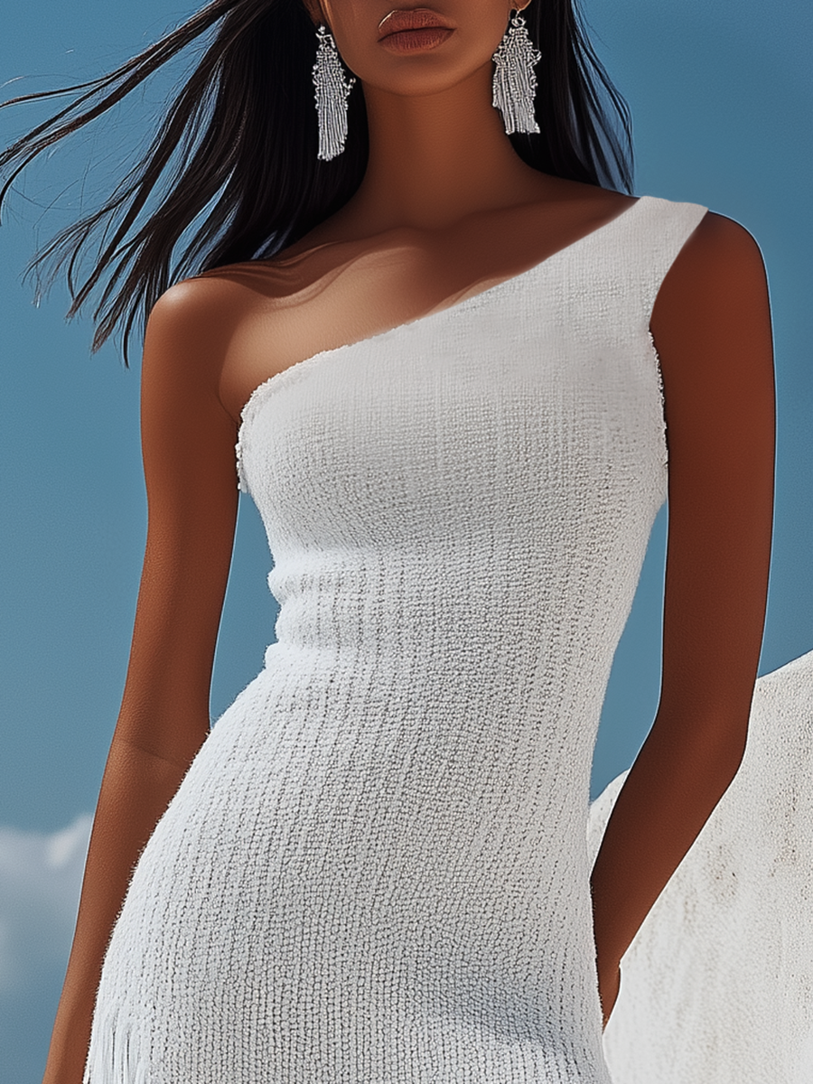 Alessia | Women's Elegant And Fresh One Shoulder Tassel Knitted Midi Dress