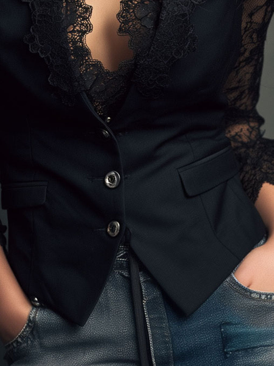 Elegant Black Lace Panel Sleeve Blazer Top