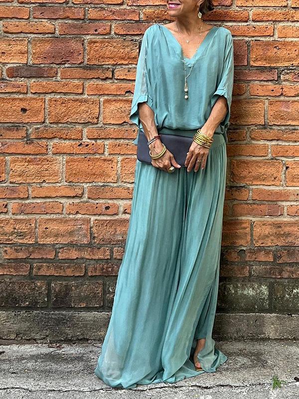 Celeste | Women's V-Neck Jumpsuit with Batwing Sleeves and Wide Legs