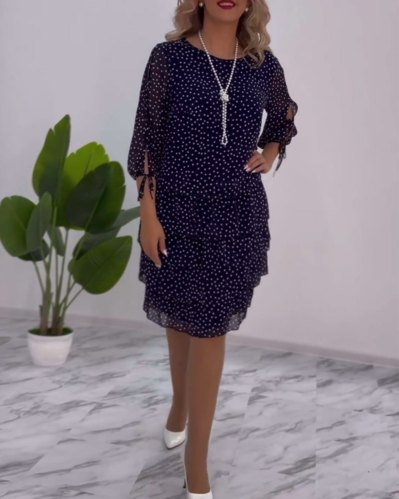 Dotty | Women's Polka Dot Tiered Midi Dress 3/4 Sleeve Chiffon