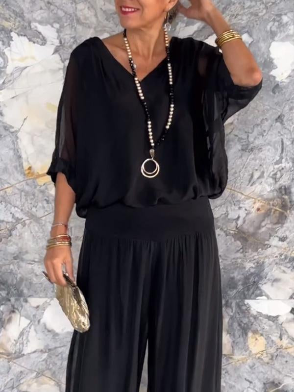Celeste | Women's V-Neck Jumpsuit with Batwing Sleeves and Wide Legs