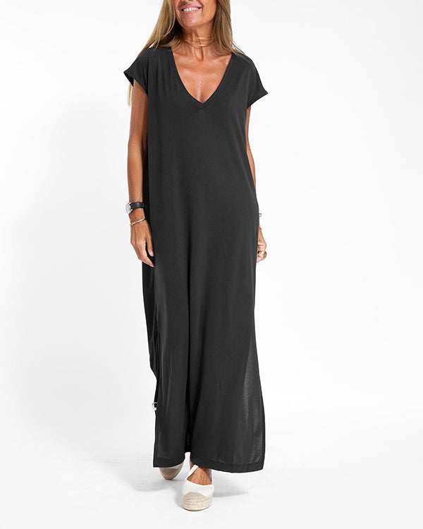 Coral | Women's V-Neck Short Sleeve Side Slit Maxi Dress