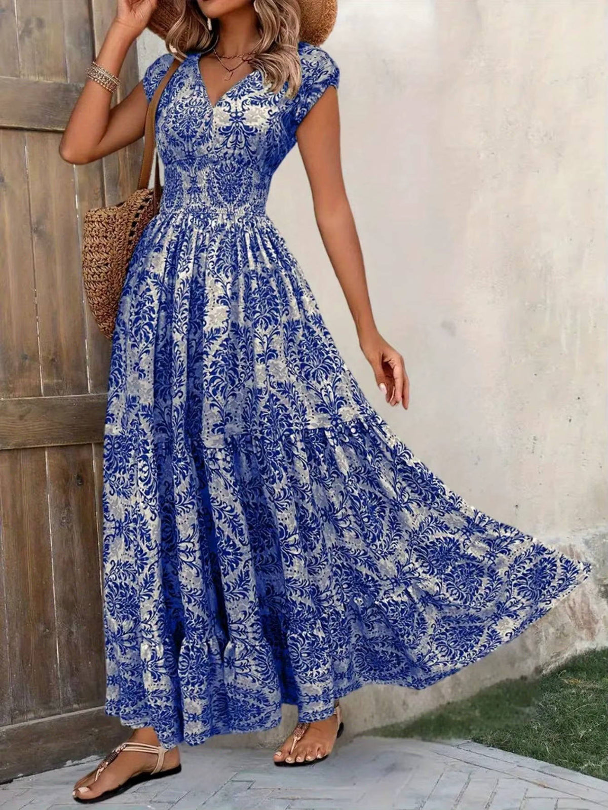 Calla | Women's Smocked Boho Print Tiered Maxi Dress