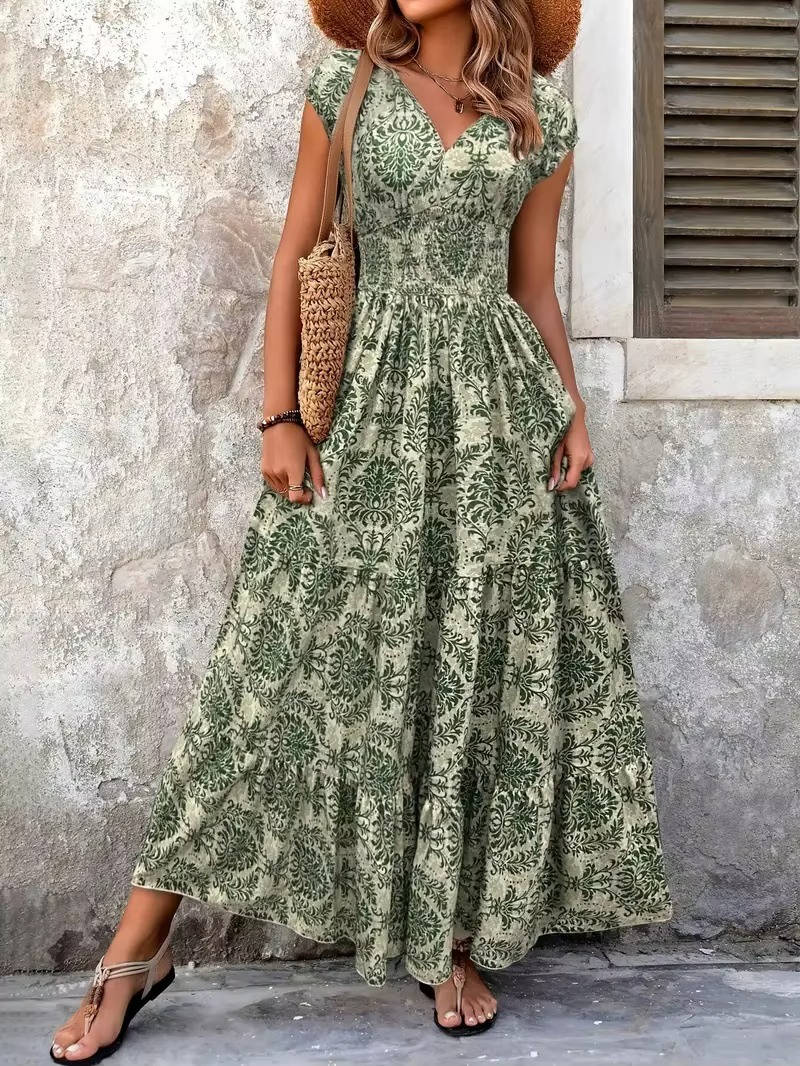 Calla | Women's Smocked Boho Print Tiered Maxi Dress