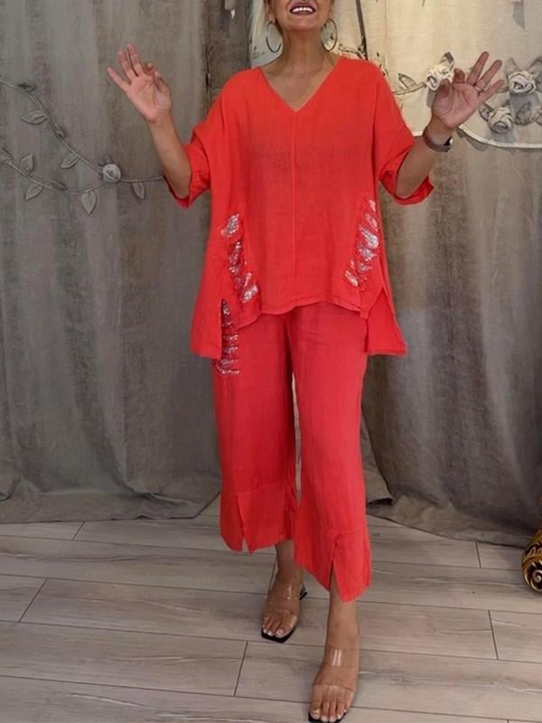 Avery | Women's Casual 2-Piece Set with V-Neck Top and Cropped Trousers