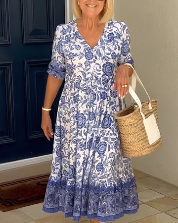 Capri | Women's Floral Dress with V-Neck and A-Line Skirt