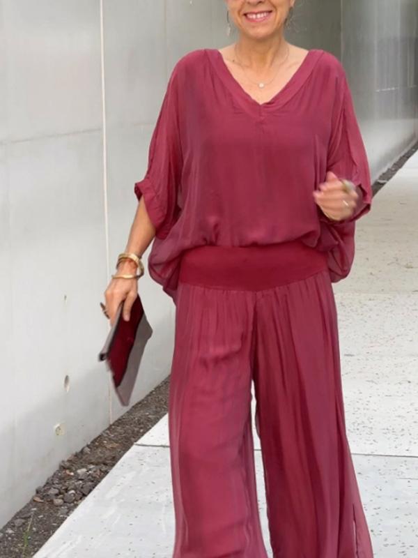 Celeste | Women's V-Neck Jumpsuit with Batwing Sleeves and Wide Legs
