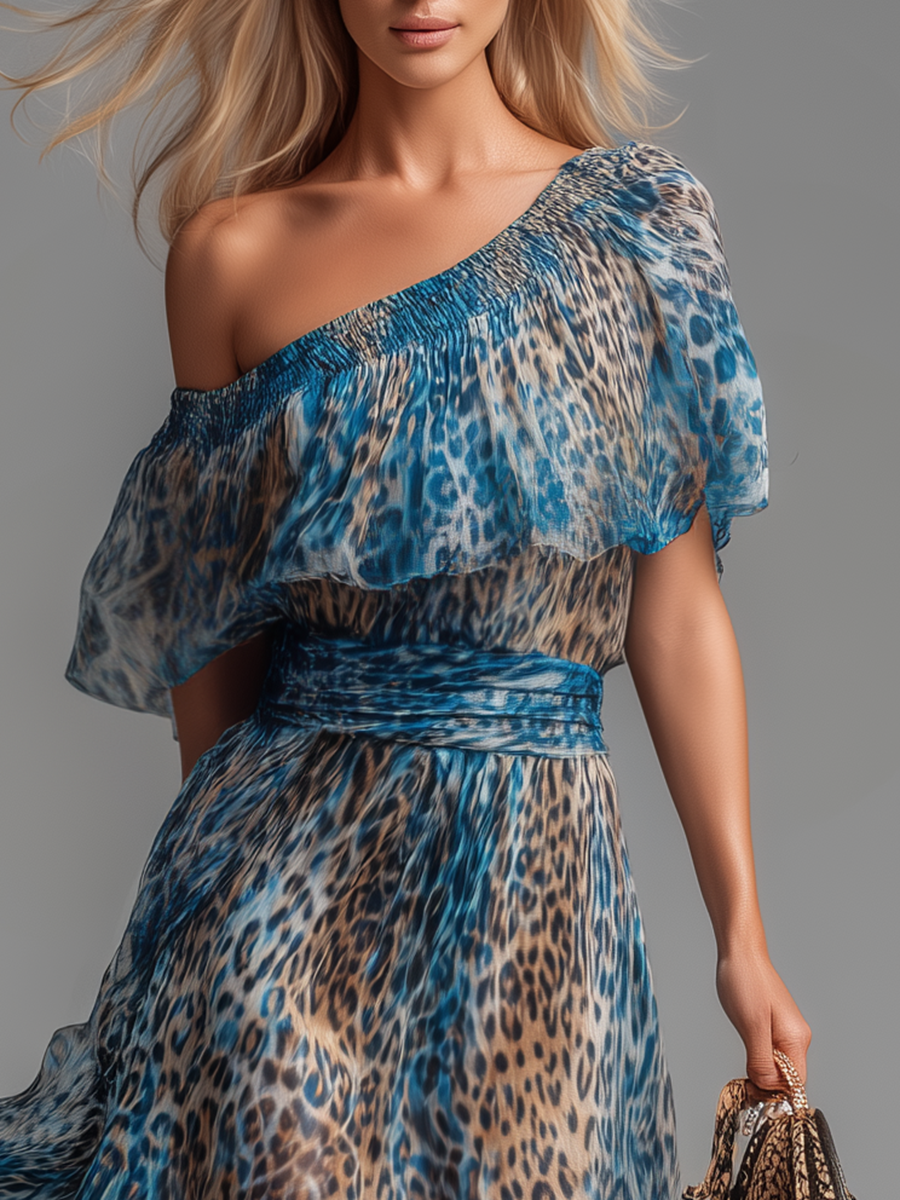 Gianna | Stylish And Elegant Off-the-shoulder Short-sleeved Leopard Print Chiffon Maxi Dress