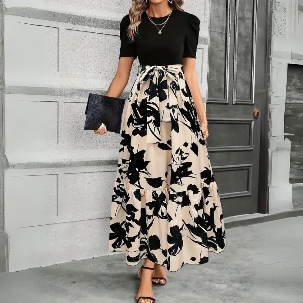 Elise | Women's Puff Sleeve Floral Maxi Dress with Tie Waist