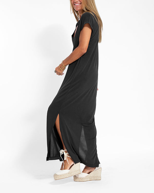 Coral | Women's V-Neck Short Sleeve Side Slit Maxi Dress