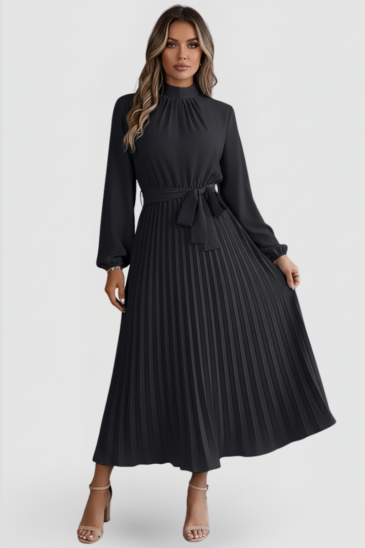 Elowen | Women's Mock Neck Long Sleeve Pleated Midi Dress