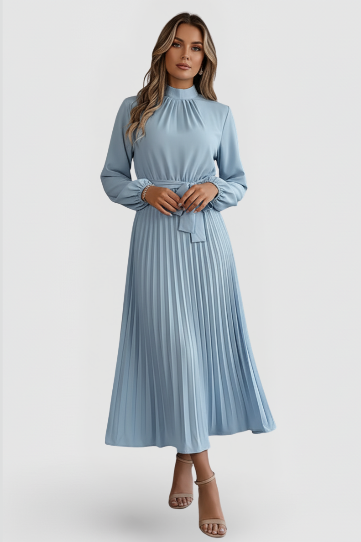 Elowen | Women's Mock Neck Long Sleeve Pleated Midi Dress