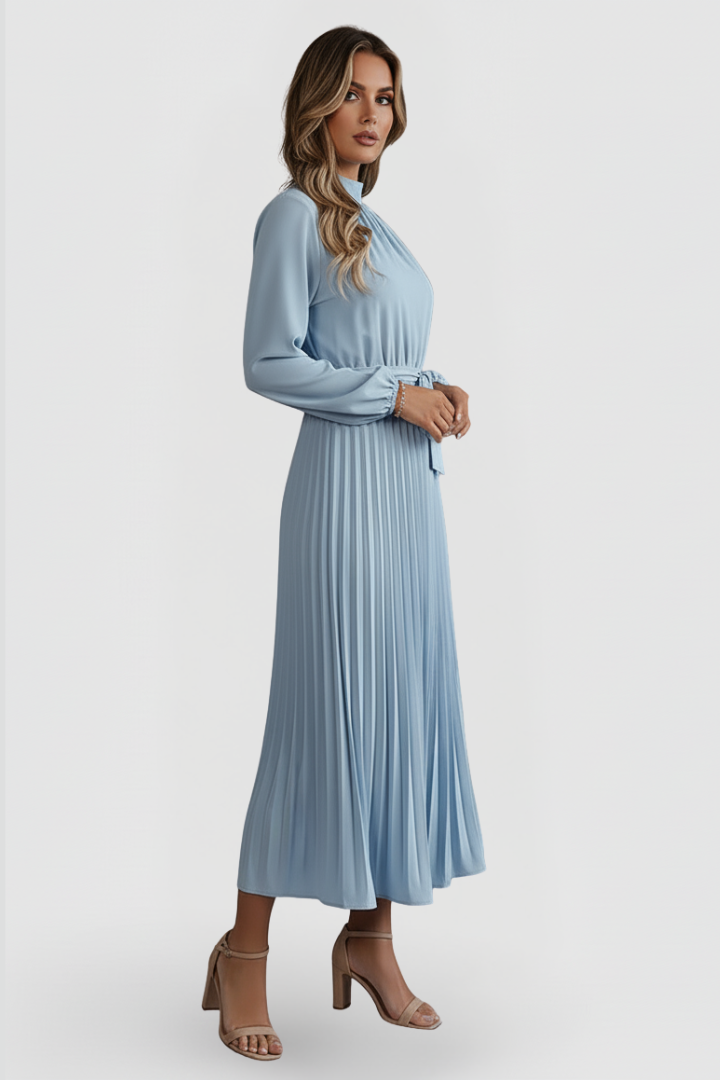 Elowen | Women's Mock Neck Long Sleeve Pleated Midi Dress