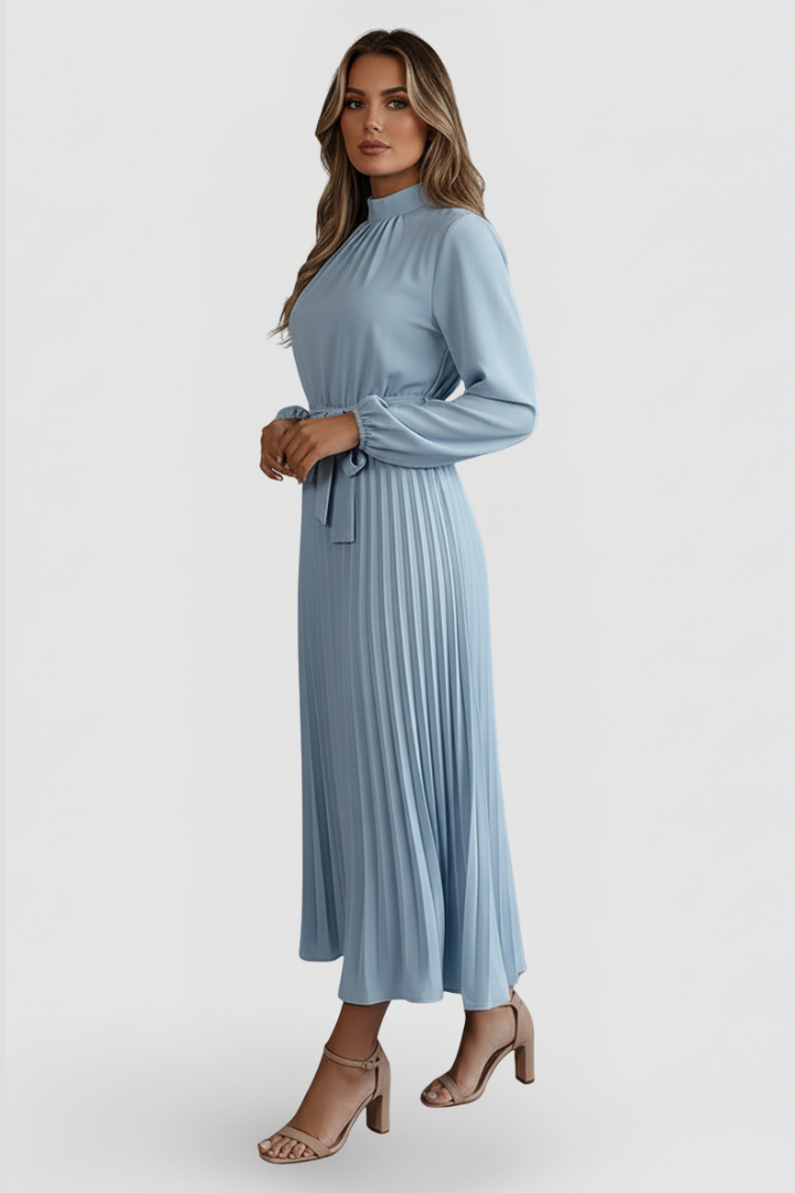 Elowen | Women's Mock Neck Long Sleeve Pleated Midi Dress