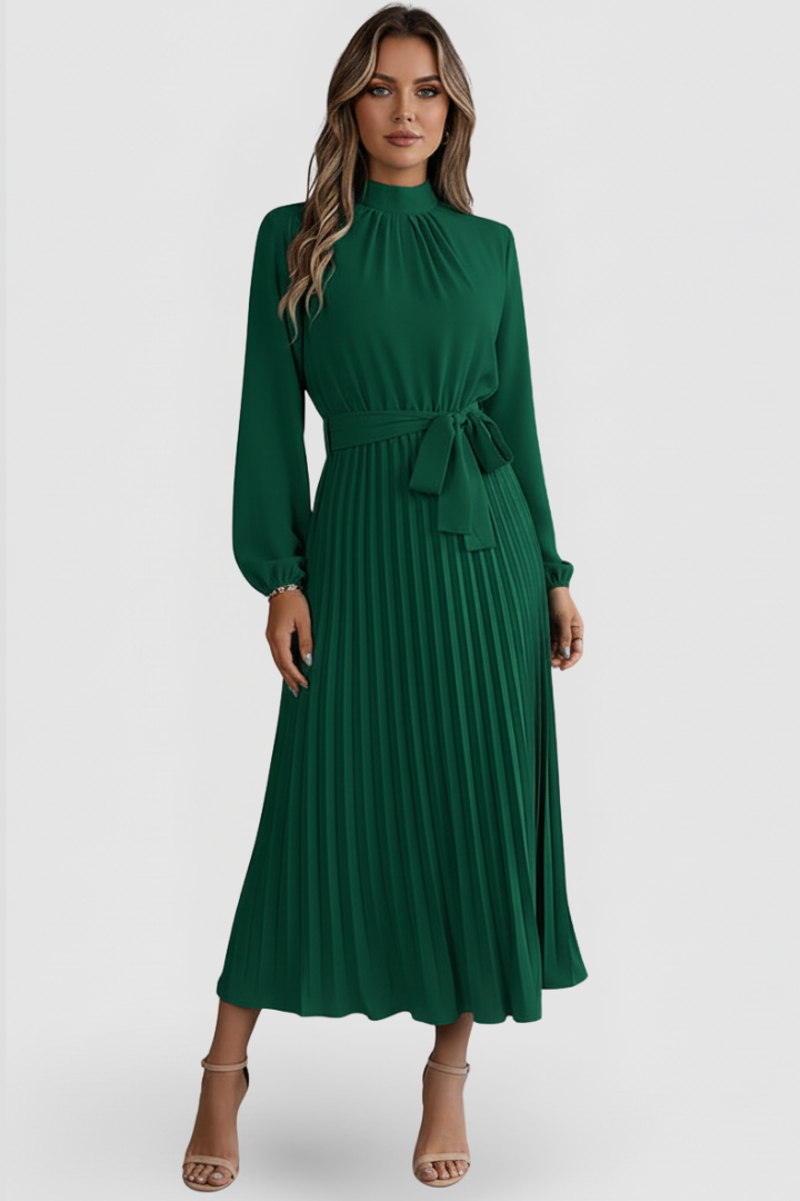 Elowen | Women's Mock Neck Long Sleeve Pleated Midi Dress