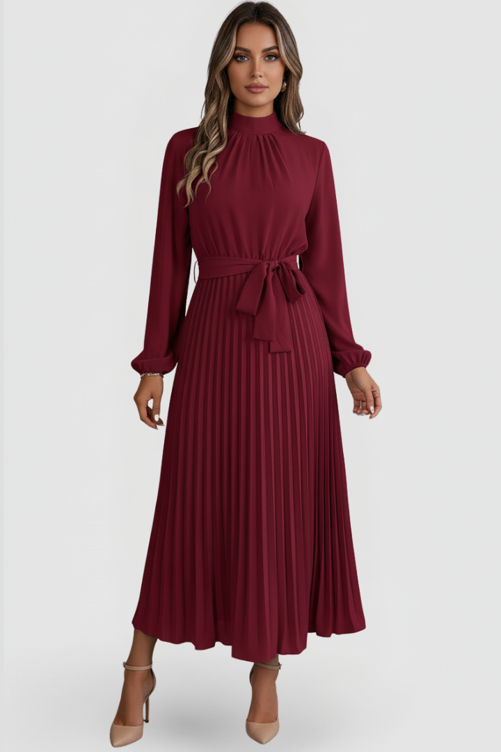 Elowen | Women's Mock Neck Long Sleeve Pleated Midi Dress