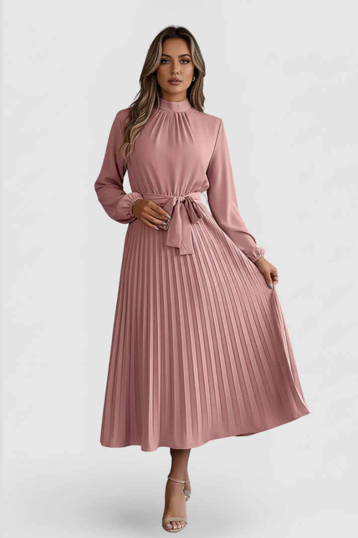 Elowen | Women's Mock Neck Long Sleeve Pleated Midi Dress