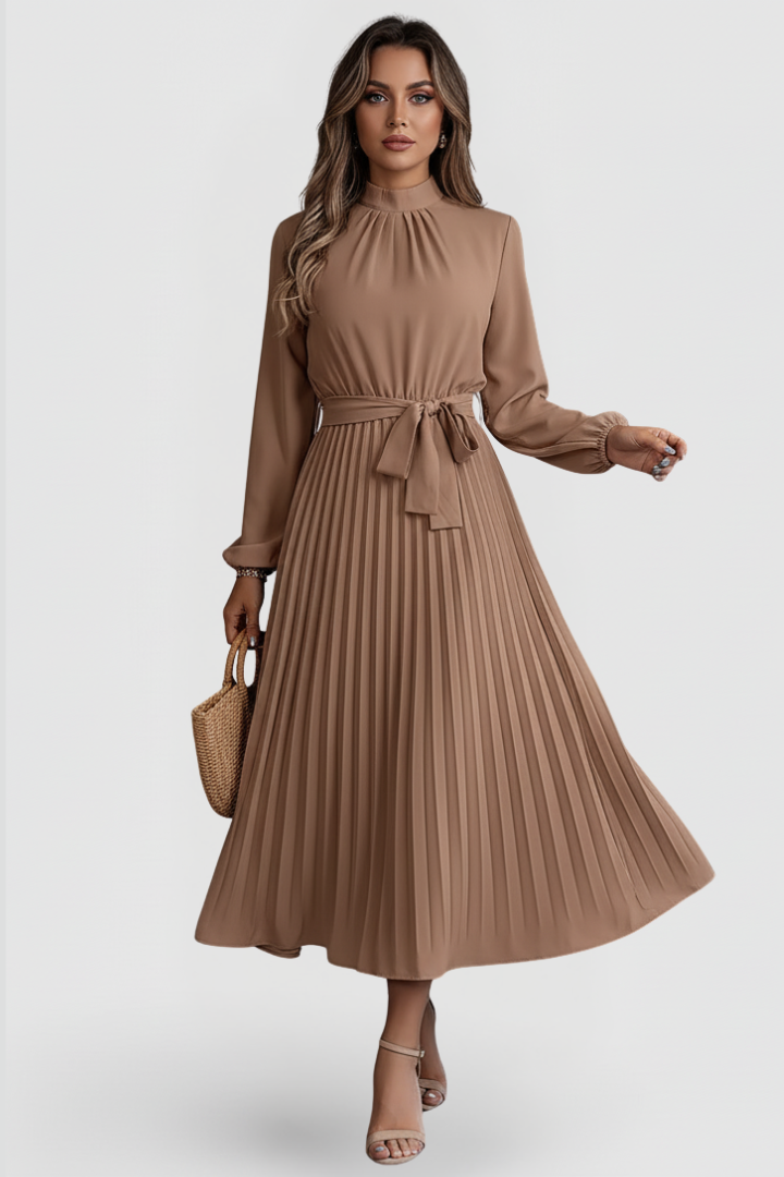 Elowen | Women's Mock Neck Long Sleeve Pleated Midi Dress