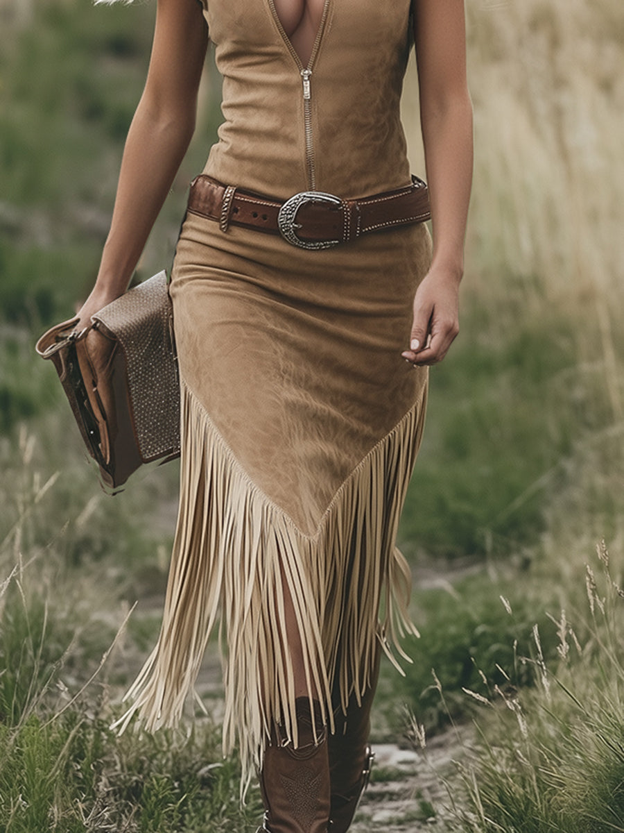 Fiona | Retro Western-style Light Brown Sleeveless Midi Dress