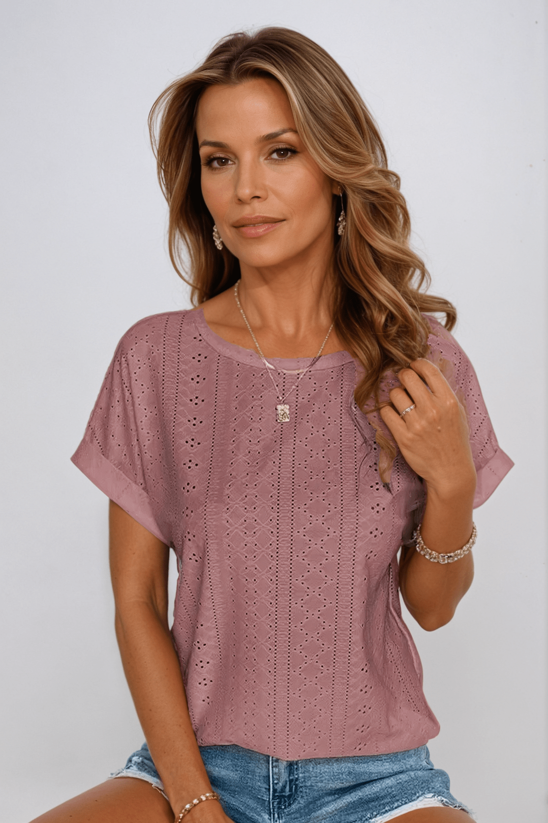 Elodie | Eyelet Embroidered Top with Crew Neck