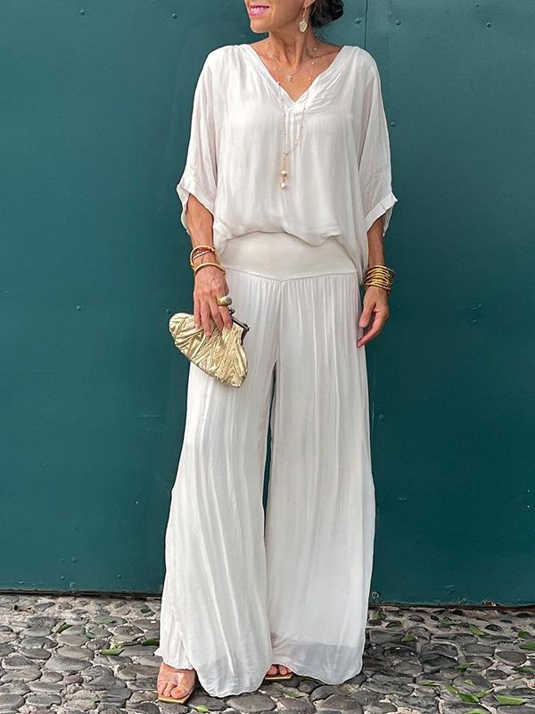Celeste | Women's V-Neck Jumpsuit with Batwing Sleeves and Wide Legs