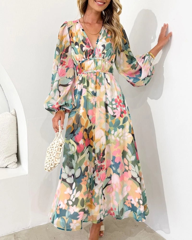 Eloise | Women's Floral Print V-Neck Long Sleeve Midi Dress
