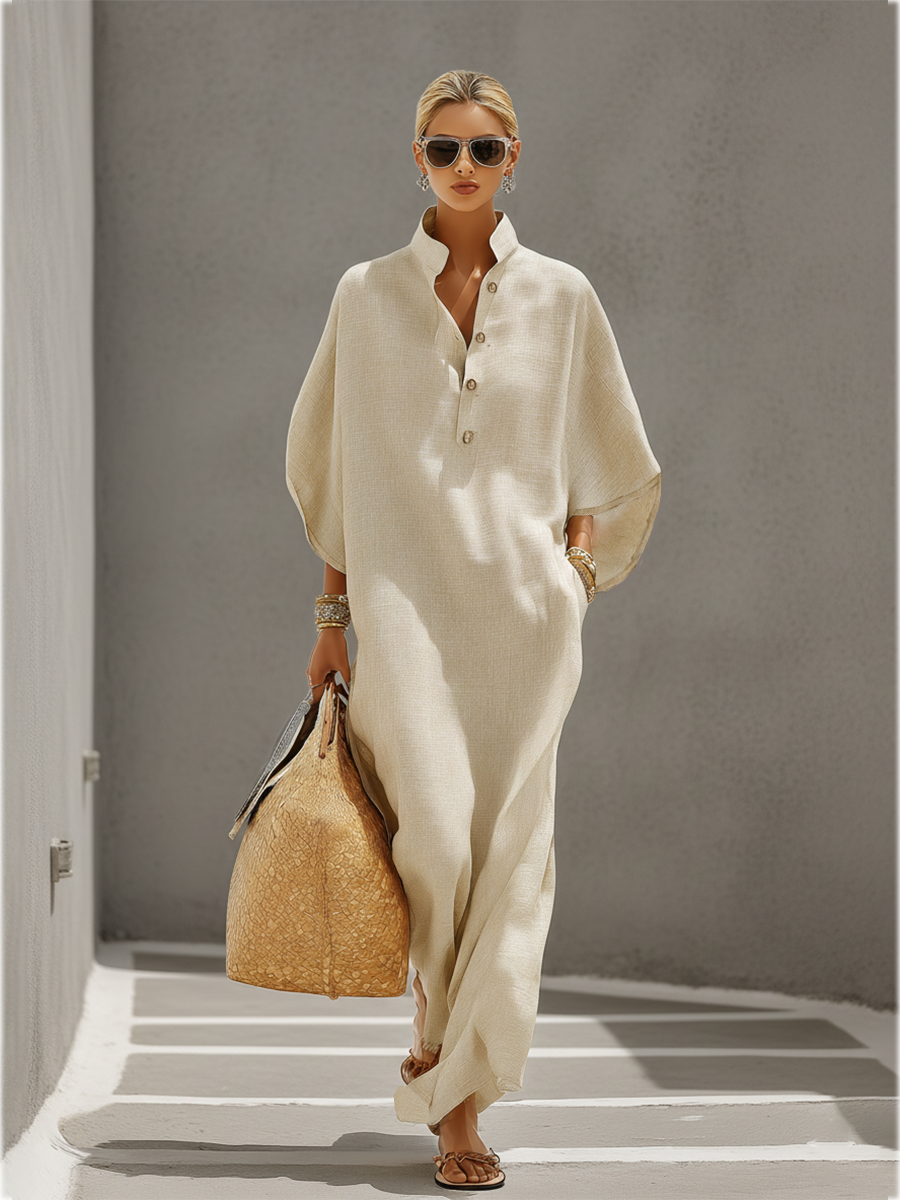 Emily | Linen Dress With Mandarin Collar & Dolman Sleeves, Timeless Resort-Casual Style Dress