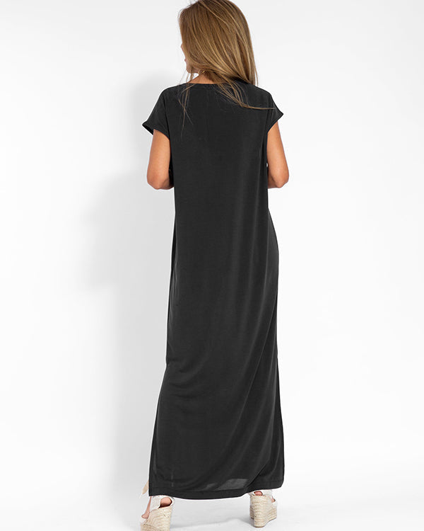 Coral | Women's V-Neck Short Sleeve Side Slit Maxi Dress
