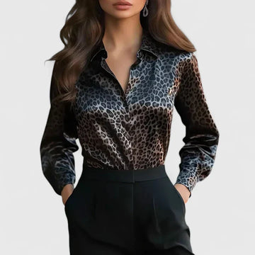 Fleur | Women's Leopard Print Long Sleeve Collared Blouse