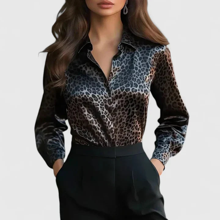 Fleur | Women's Leopard Print Long Sleeve Collared Blouse