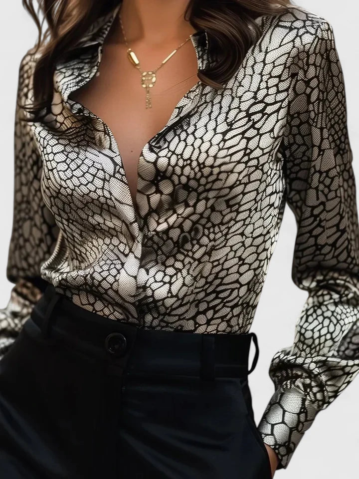 Fleur | Women's Leopard Print Long Sleeve Collared Blouse