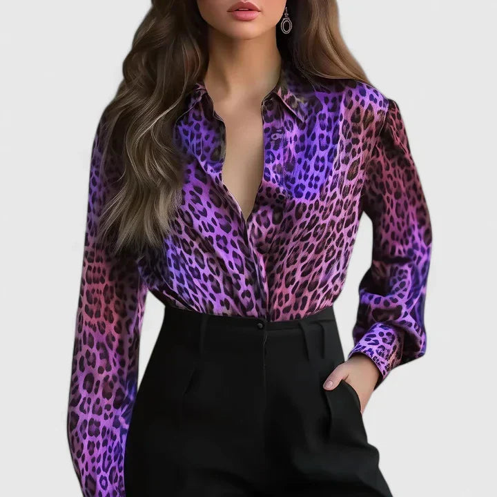 Fleur | Women's Leopard Print Long Sleeve Collared Blouse