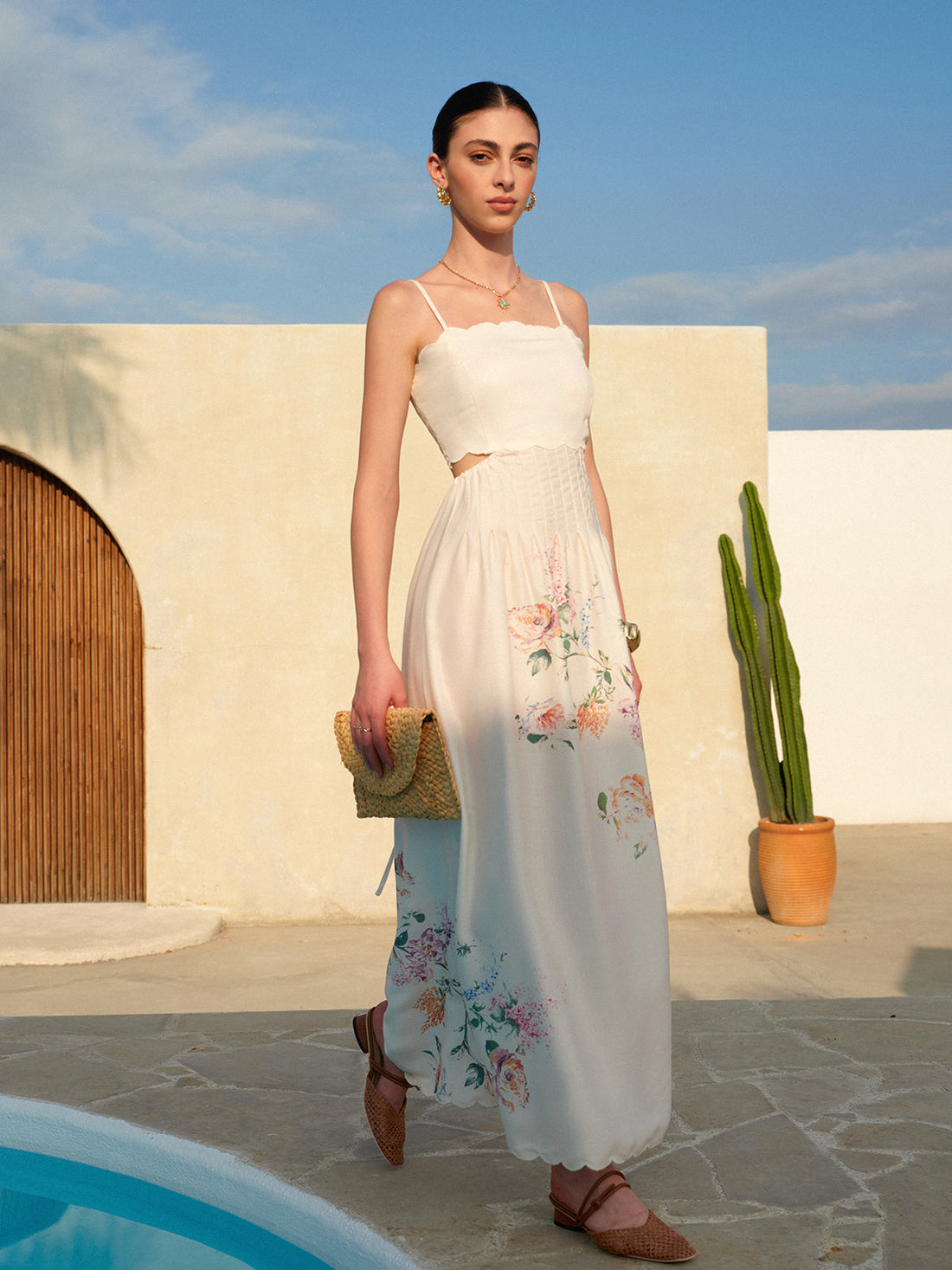 Eden | Women's Floral Maxi Dress Cutout Waist Scallop Hem Sundress