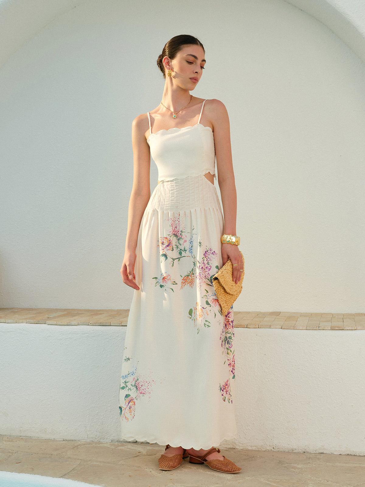 Eden | Women's Floral Maxi Dress Cutout Waist Scallop Hem Sundress