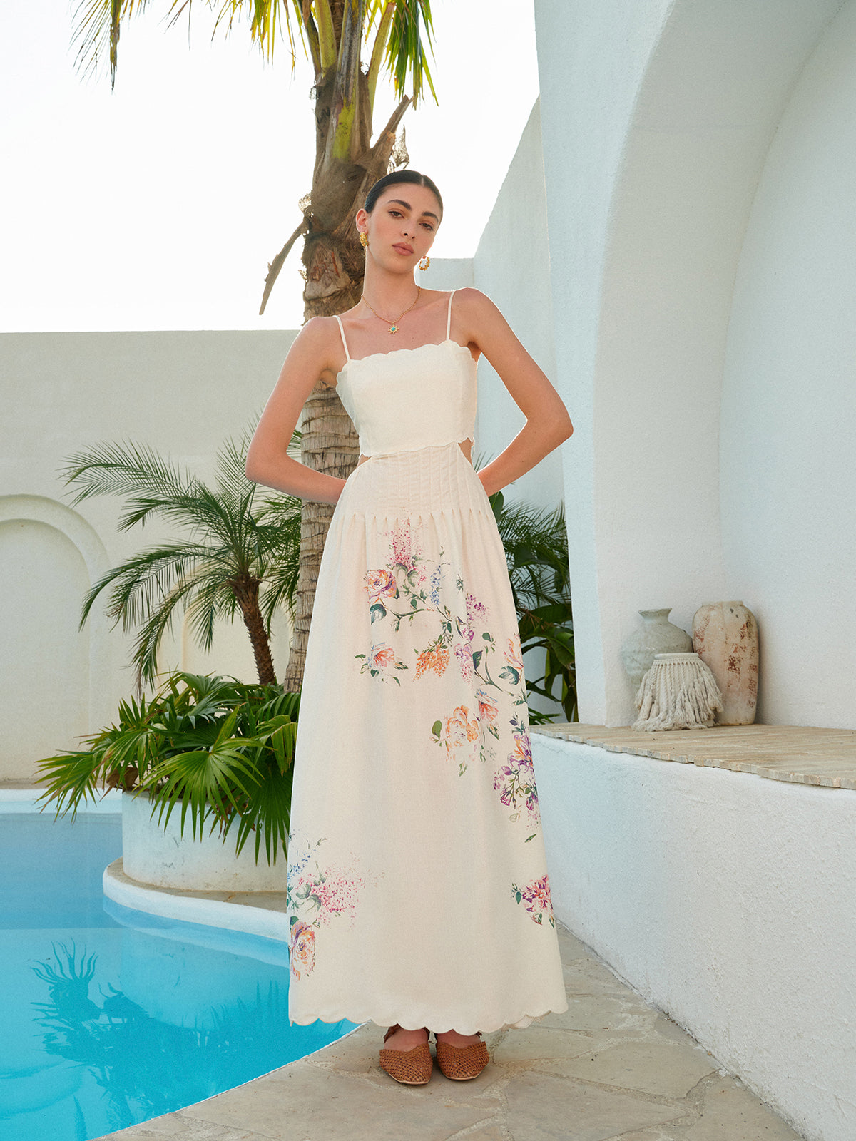 Eden | Women's Floral Maxi Dress Cutout Waist Scallop Hem Sundress