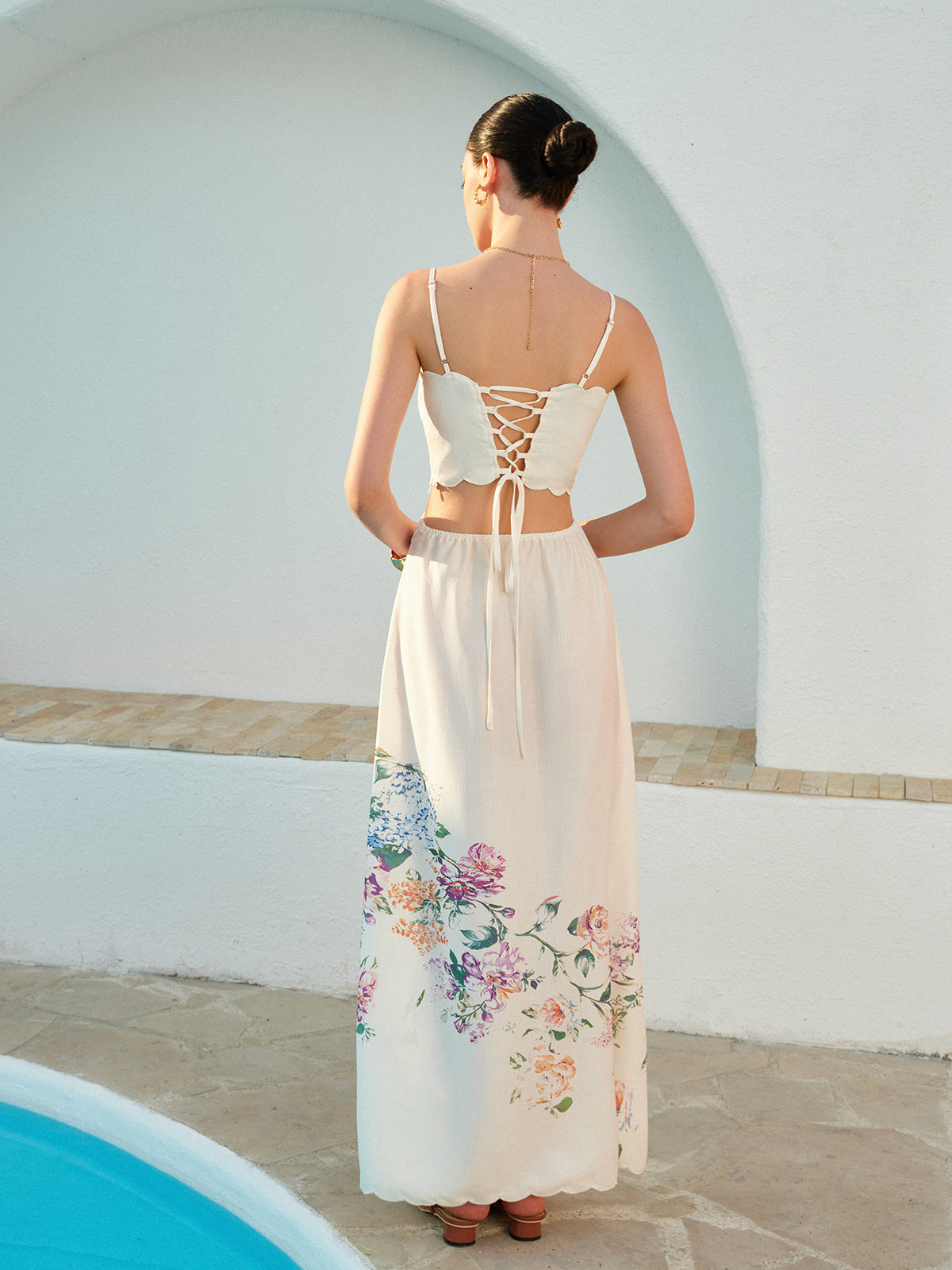 Eden | Women's Floral Maxi Dress Cutout Waist Scallop Hem Sundress