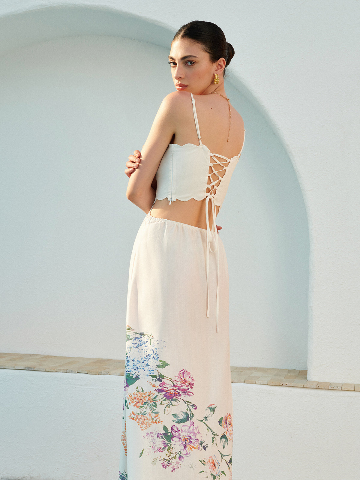Eden | Women's Floral Maxi Dress Cutout Waist Scallop Hem Sundress