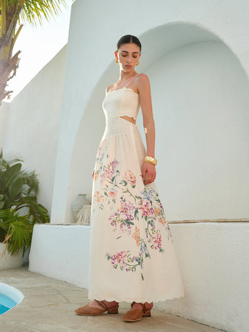 Eden | Women's Floral Maxi Dress Cutout Waist Scallop Hem Sundress