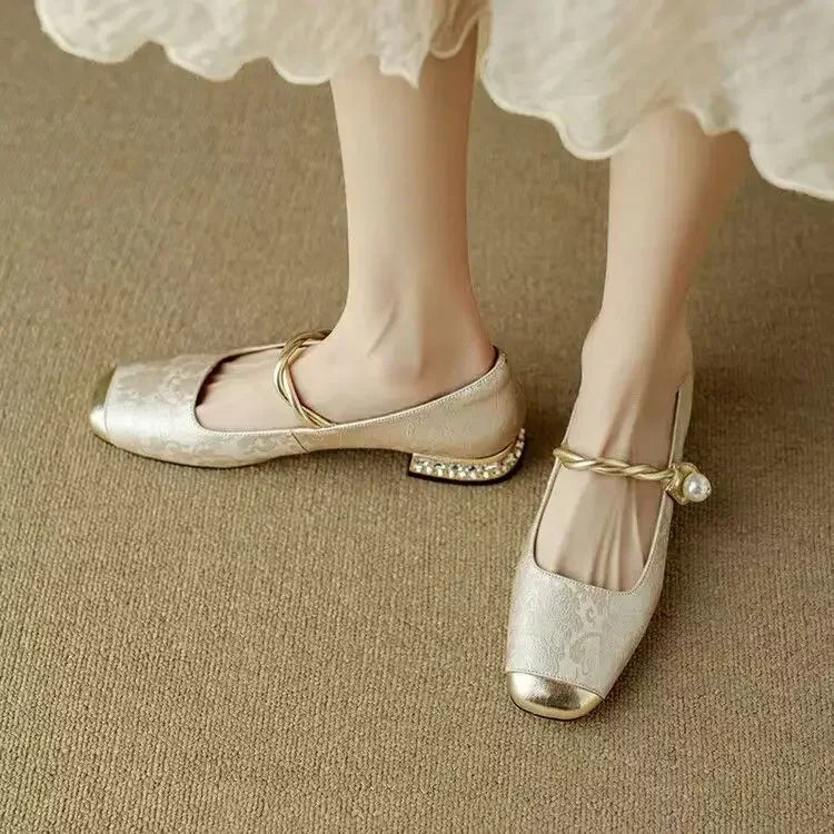 Celeste | Women's Pearl Strap Mary Jane Shoes Glitter Block Heel