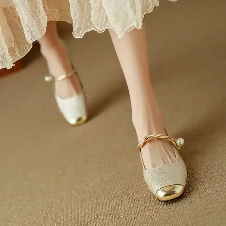 Celeste | Women's Pearl Strap Mary Jane Shoes Glitter Block Heel